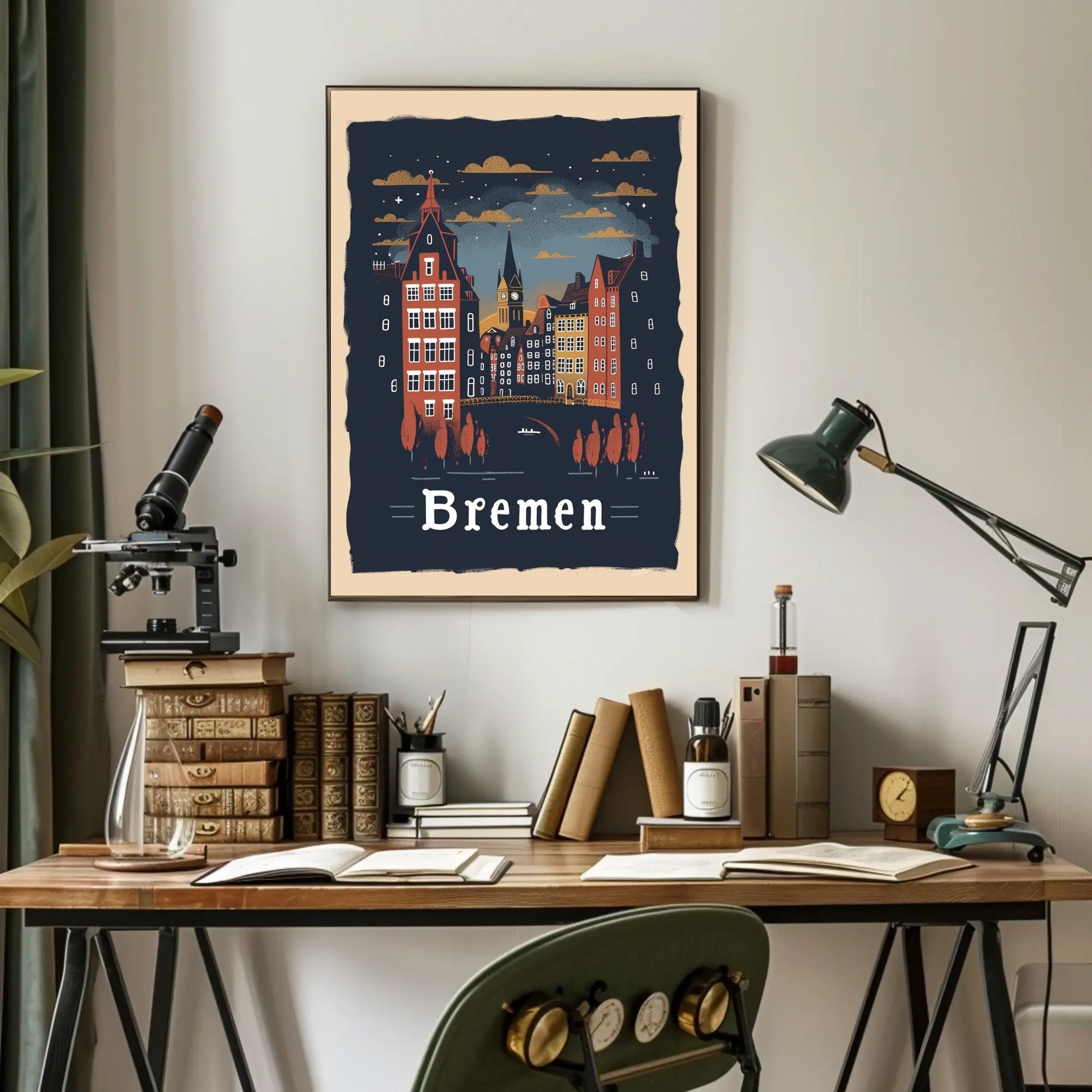 Bremen Nightscape: Vintage European Urban or Cityscape Poster PosterGoat