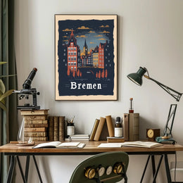 Bremen Nightscape: Vintage European Urban or Cityscape Poster PosterGoat