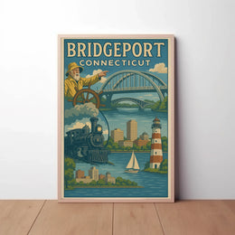 Bridgeport Adventure Awaits Vintage Travel Poster PosterGoat