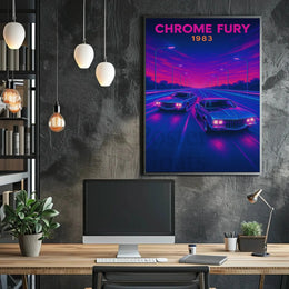 CHROME FURY Retro Muscle Cars Futuristic Sci-Fi Poster PosterGoat
