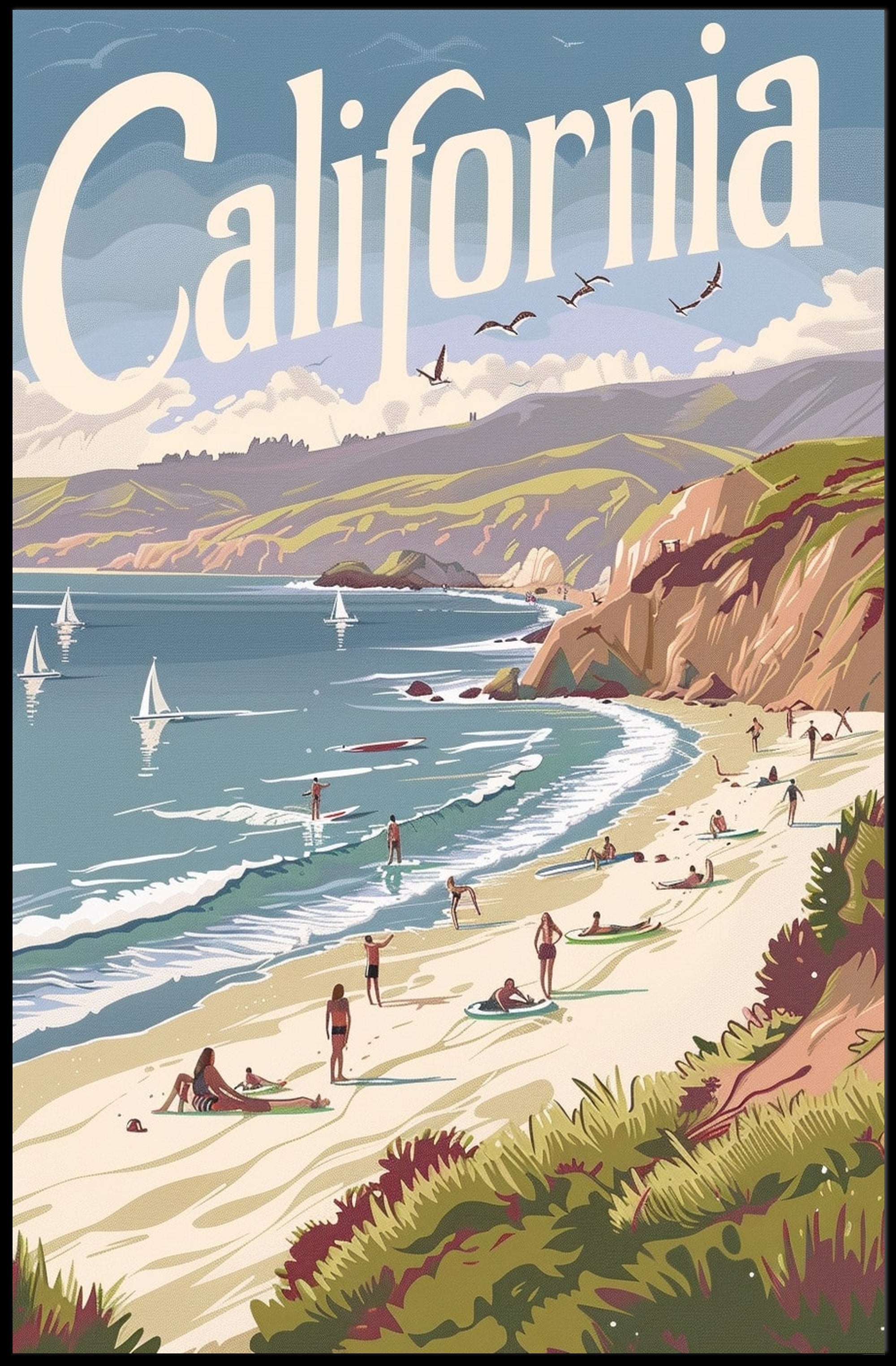 California Vintage Beach Scene: Travel Poster PosterGoat