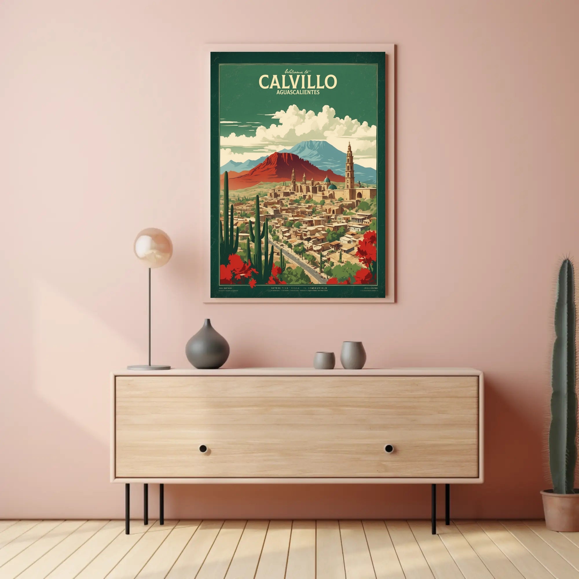 Calvillo Vintage Travel Poster with Mexican Architecture and Landscape PosterGoat