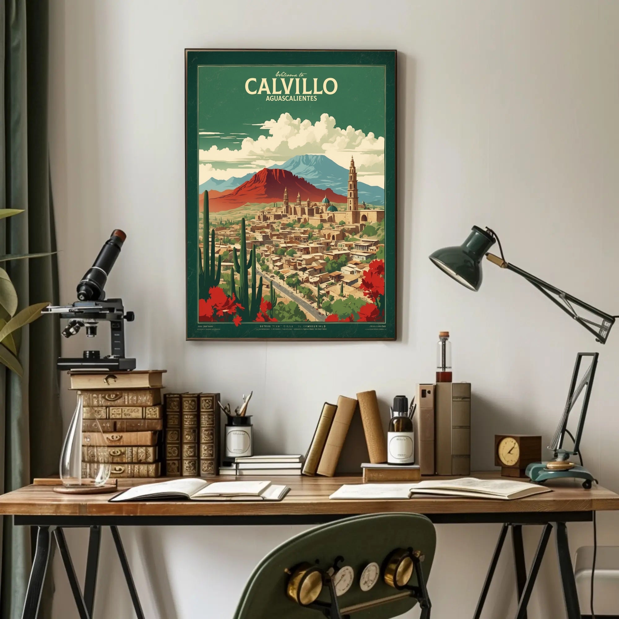 Calvillo Vintage Travel Poster with Mexican Architecture and Landscape PosterGoat