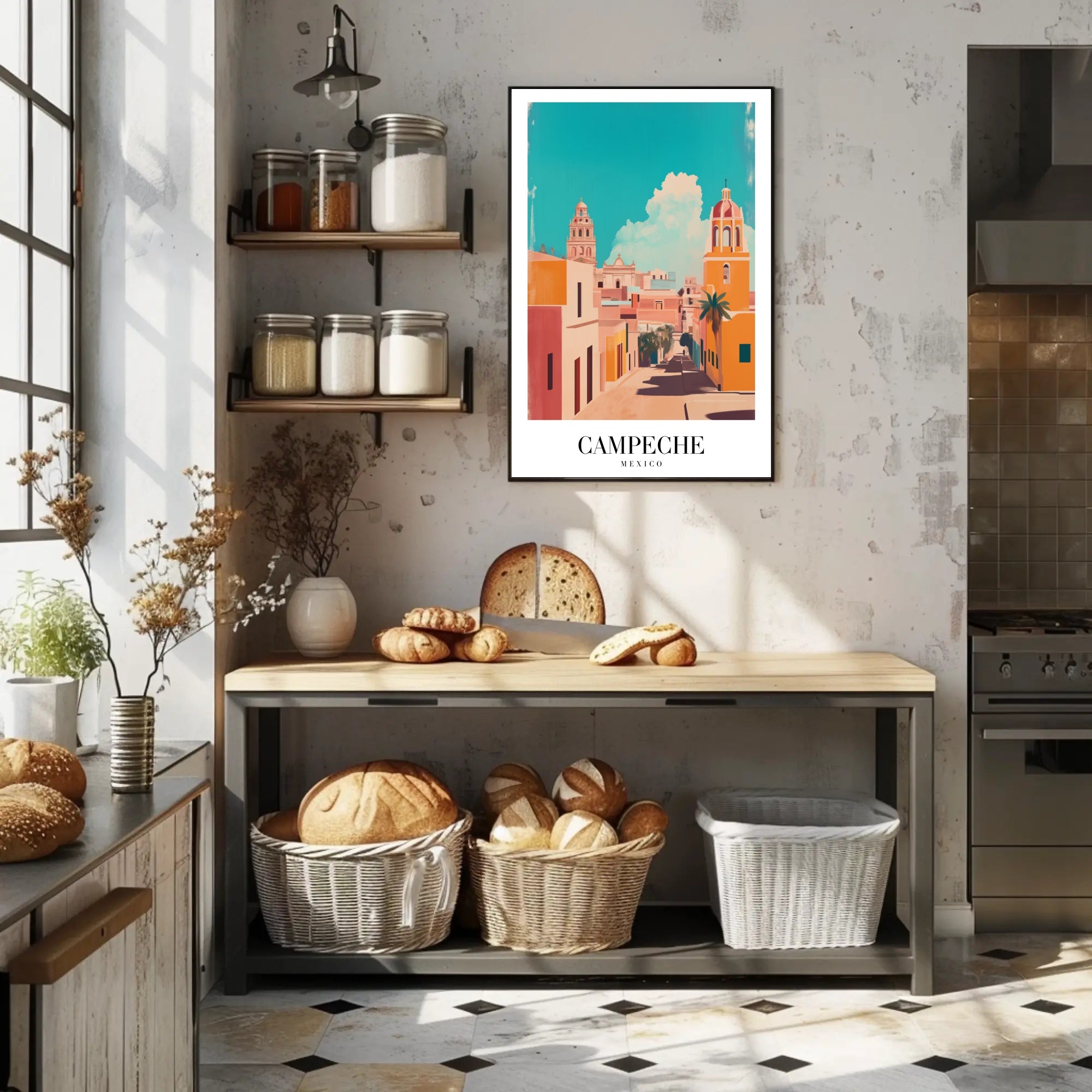 Campeche's Vibrant Streets in Artistic Urban or Cityscape Poster PosterGoat
