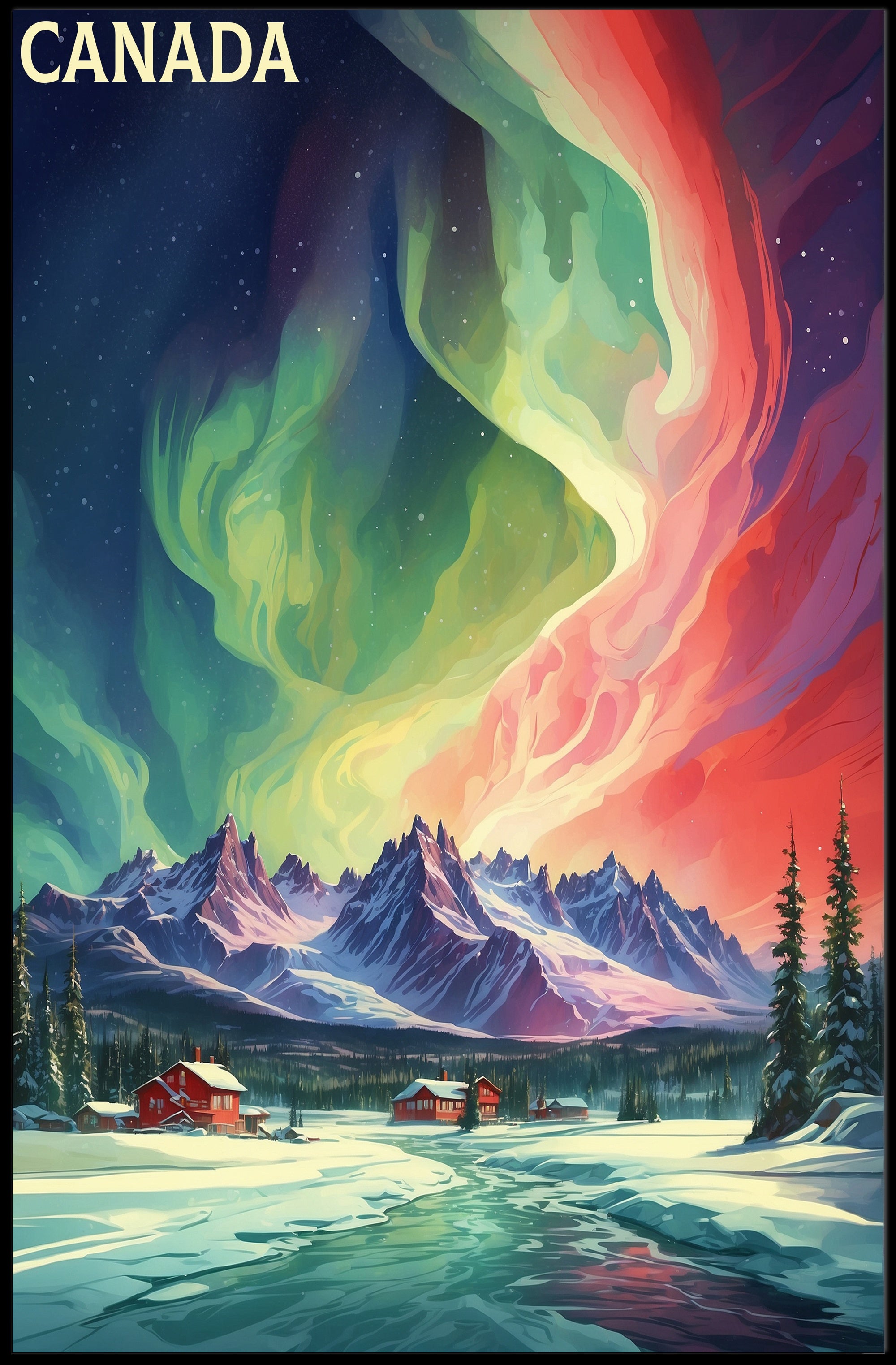 Canadian Winter Auroras Artistic Travel Poster PosterGoat