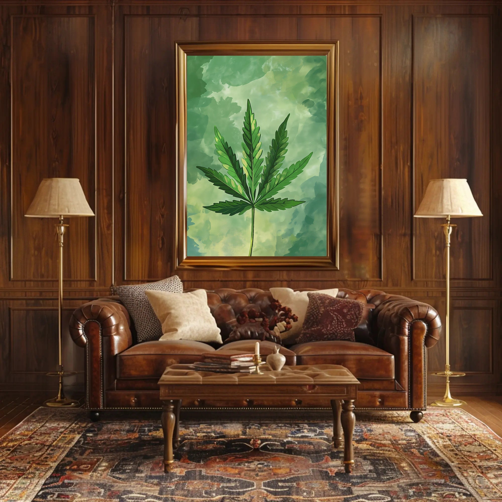 Cannabis Leaf Art on Earthy Green Background - Abstract or Artistic Poster PosterGoat