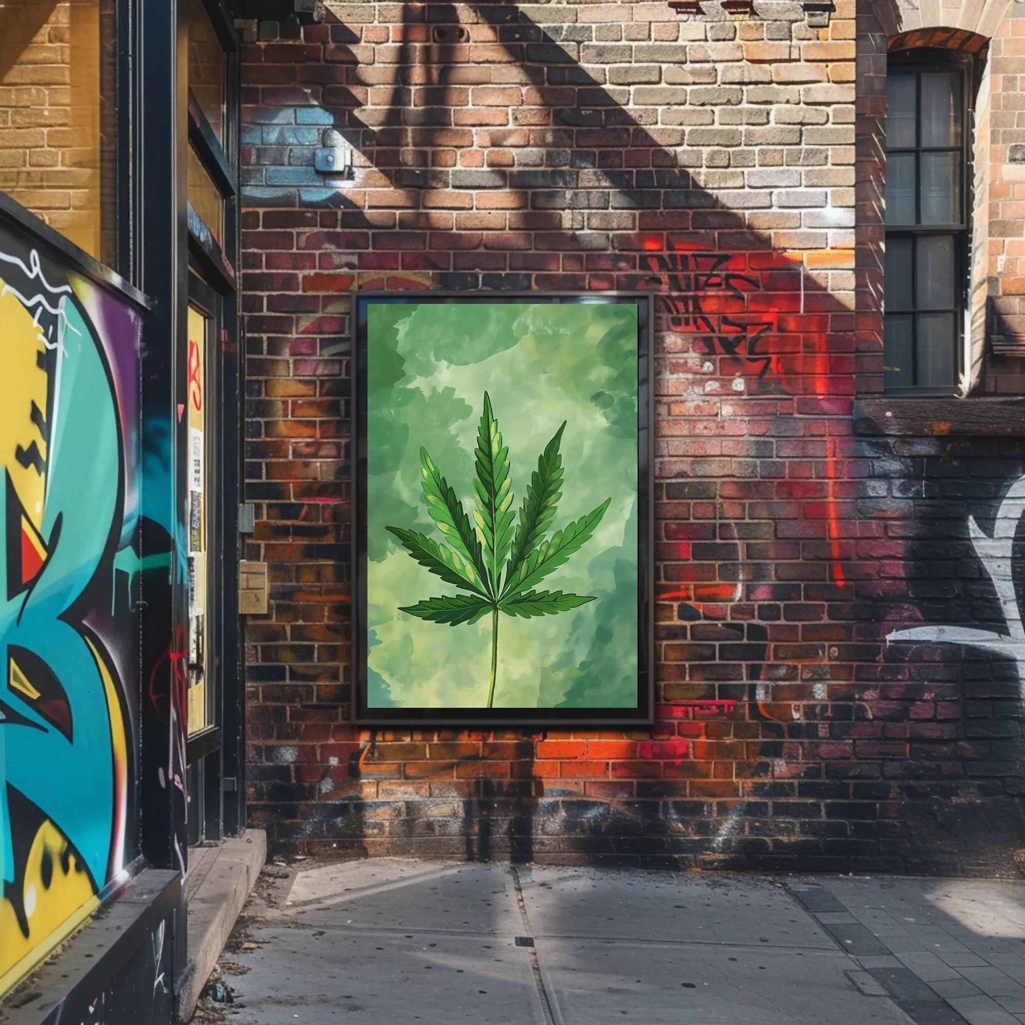 Cannabis Leaf Art on Earthy Green Background - Abstract or Artistic Poster PosterGoat