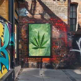 Cannabis Leaf Art on Earthy Green Background - Abstract or Artistic Poster PosterGoat