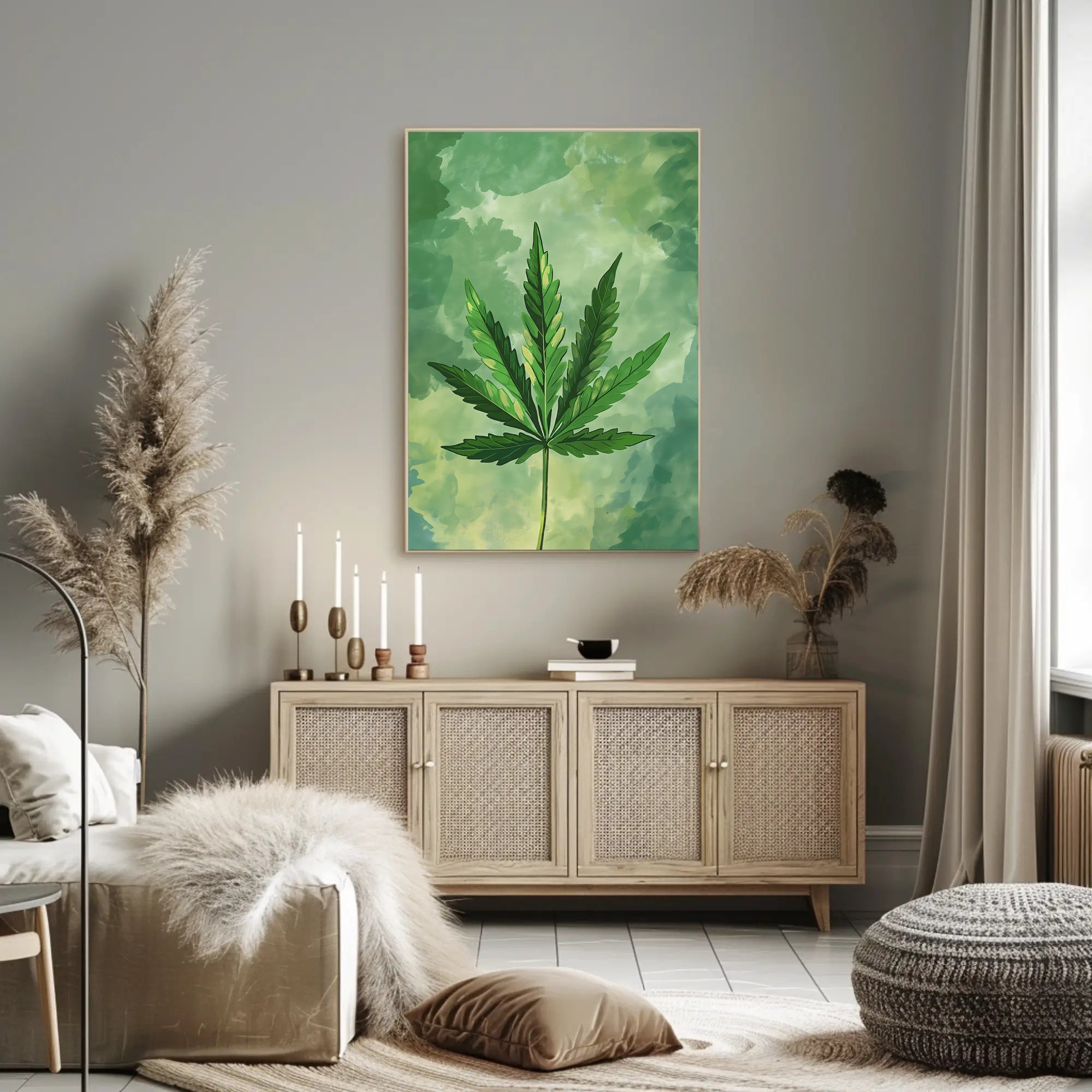 Cannabis Leaf Art on Earthy Green Background - Abstract or Artistic Poster PosterGoat
