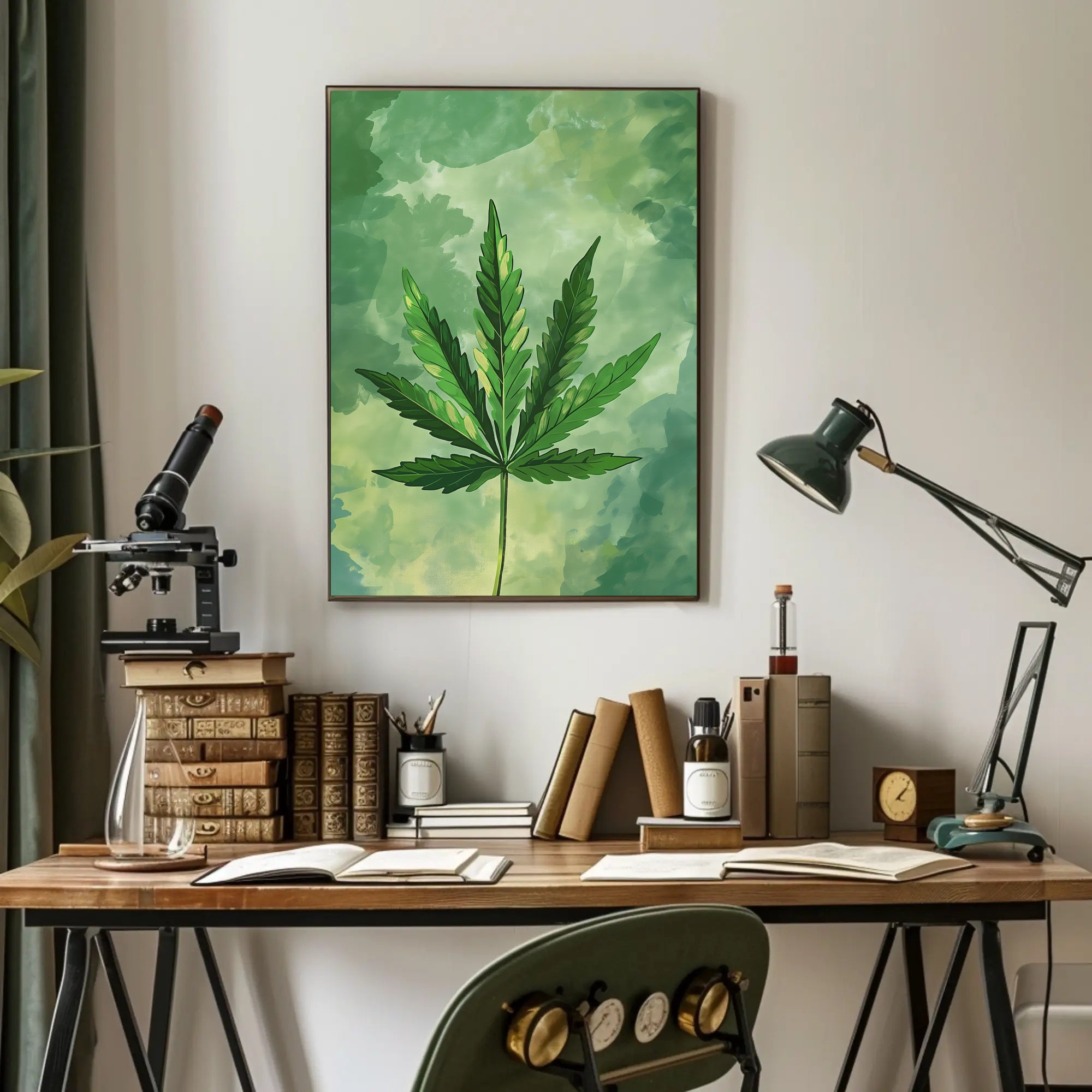 Cannabis Leaf Art on Earthy Green Background - Abstract or Artistic Poster PosterGoat