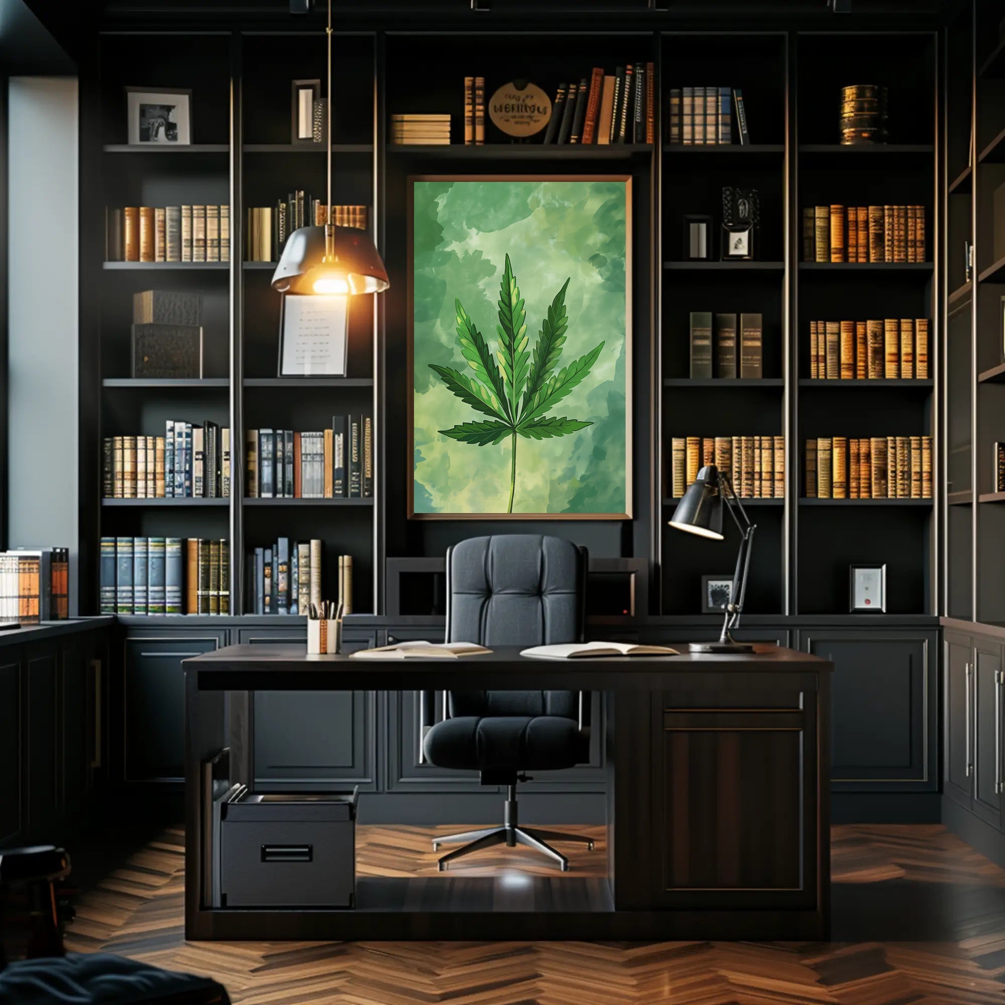 Cannabis Leaf Art on Earthy Green Background - Abstract or Artistic Poster PosterGoat