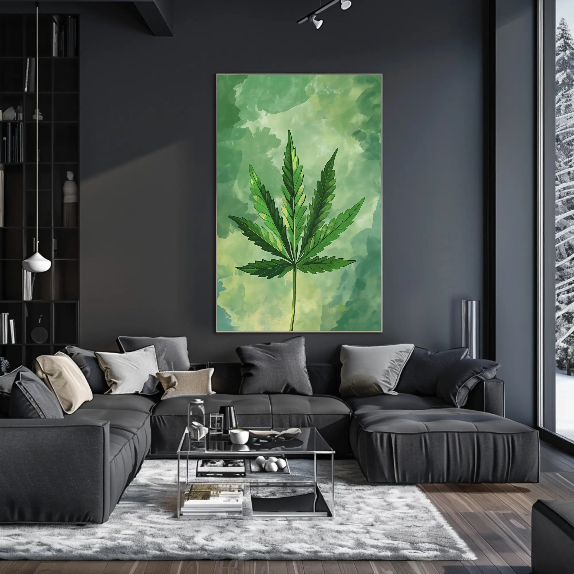 Cannabis Leaf Art on Earthy Green Background - Abstract or Artistic Poster PosterGoat
