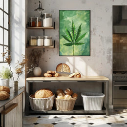 Cannabis Leaf Art on Earthy Green Background - Abstract or Artistic Poster PosterGoat