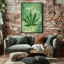 Cannabis Leaf Art on Earthy Green Background - Abstract or Artistic Poster PosterGoat