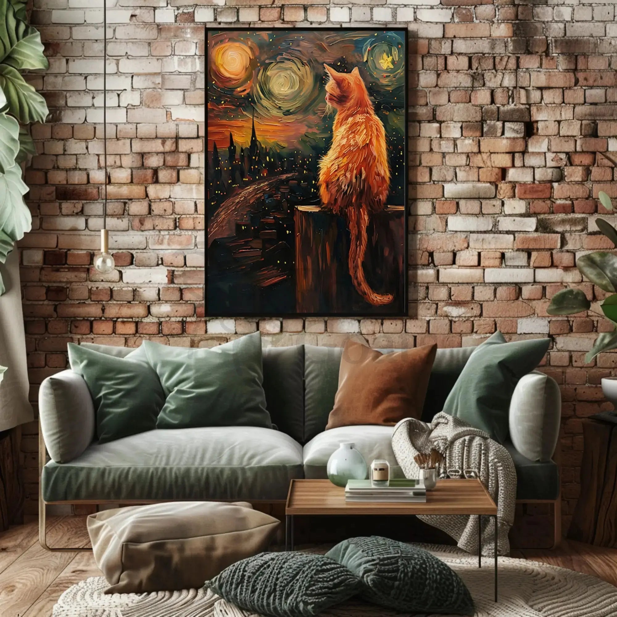 Cat Gazing Over Cityscape Artistic Animal Poster PosterGoat