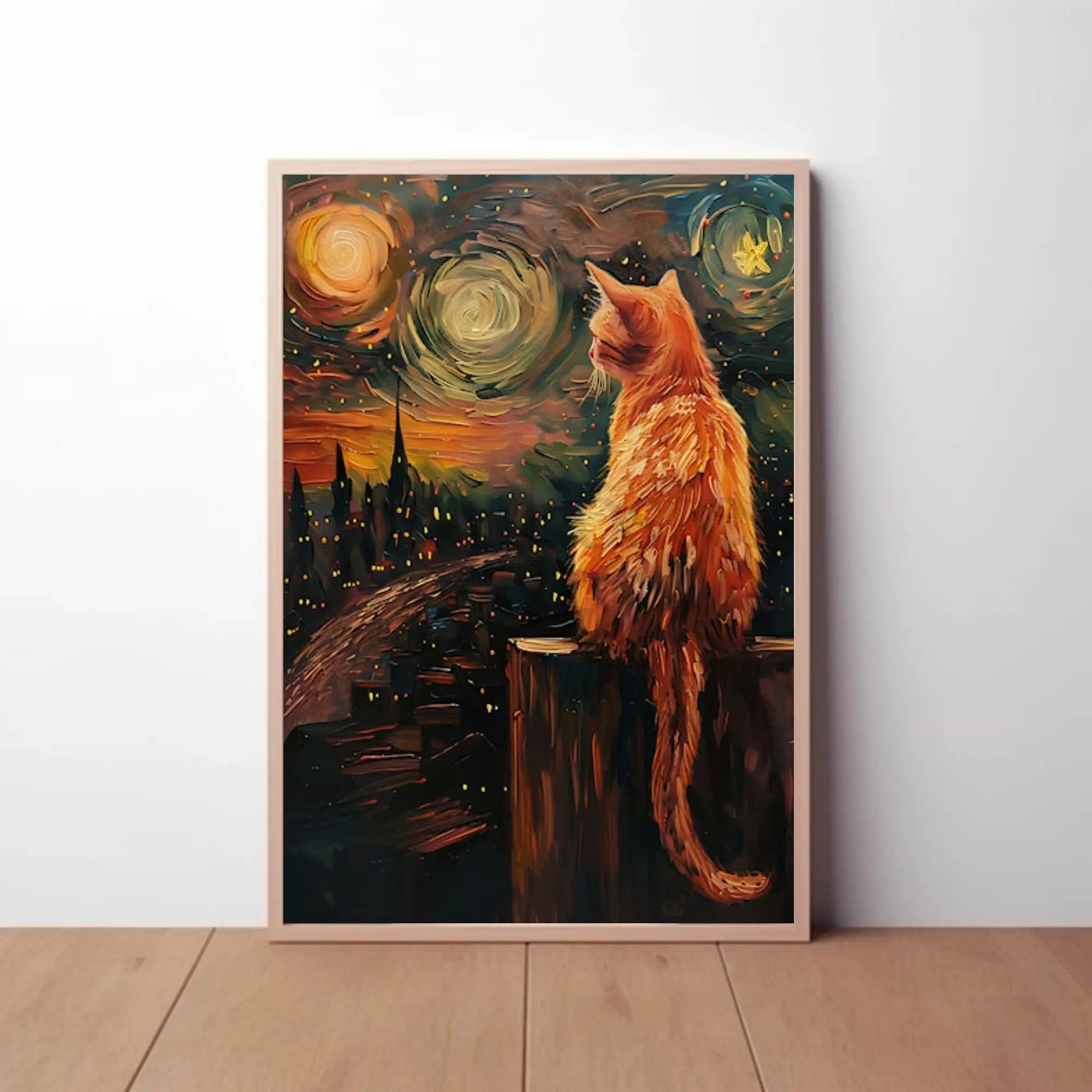 Cat Gazing Over Cityscape Artistic Animal Poster PosterGoat