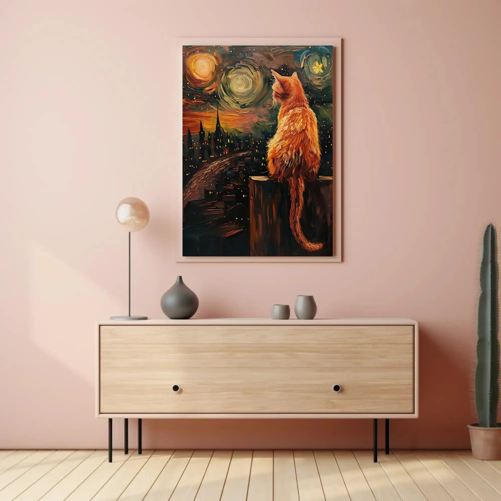 Cat Gazing Over Cityscape Artistic Animal Poster PosterGoat
