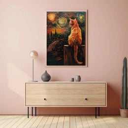 Cat Gazing Over Cityscape Artistic Animal Poster PosterGoat