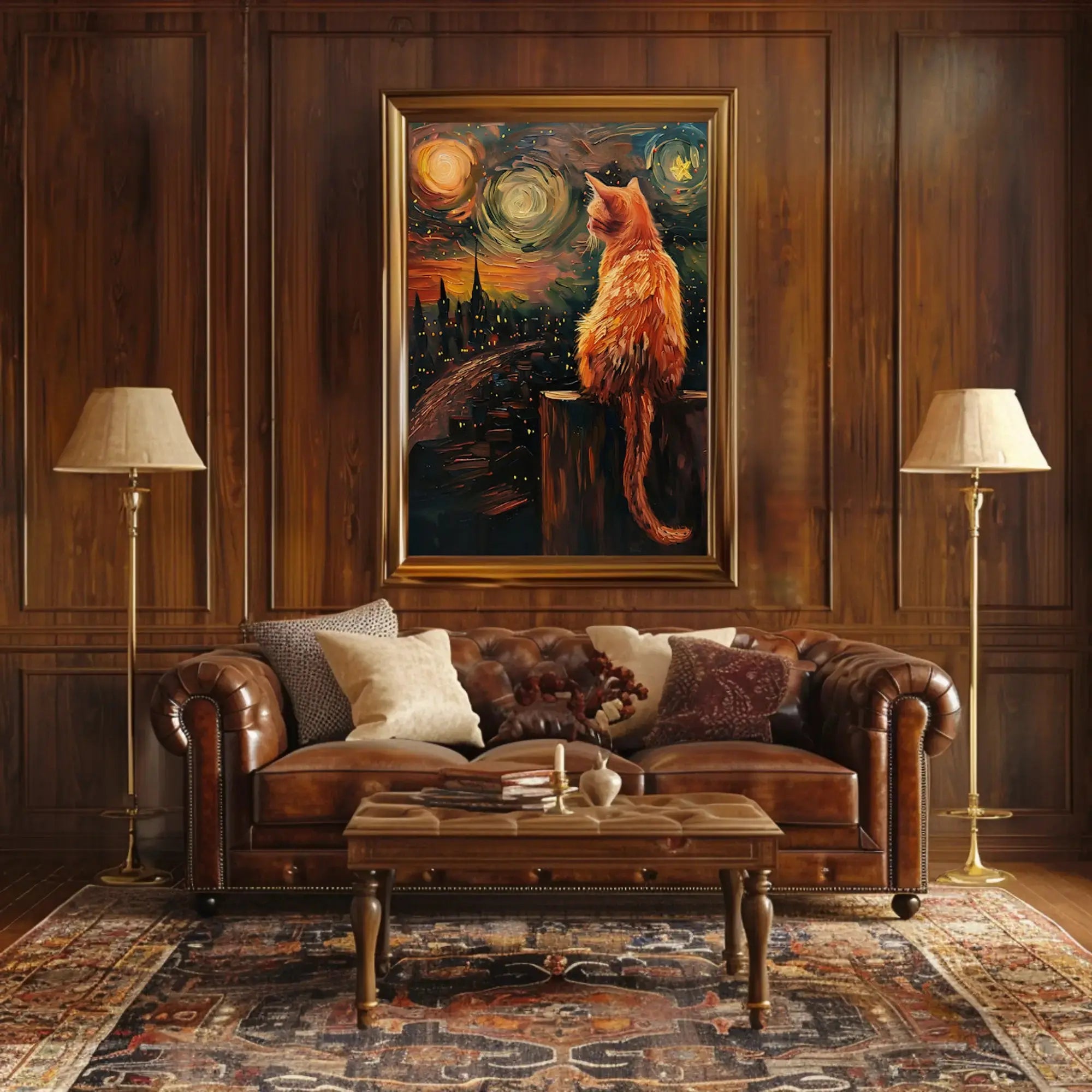 Cat Gazing Over Cityscape Artistic Animal Poster PosterGoat
