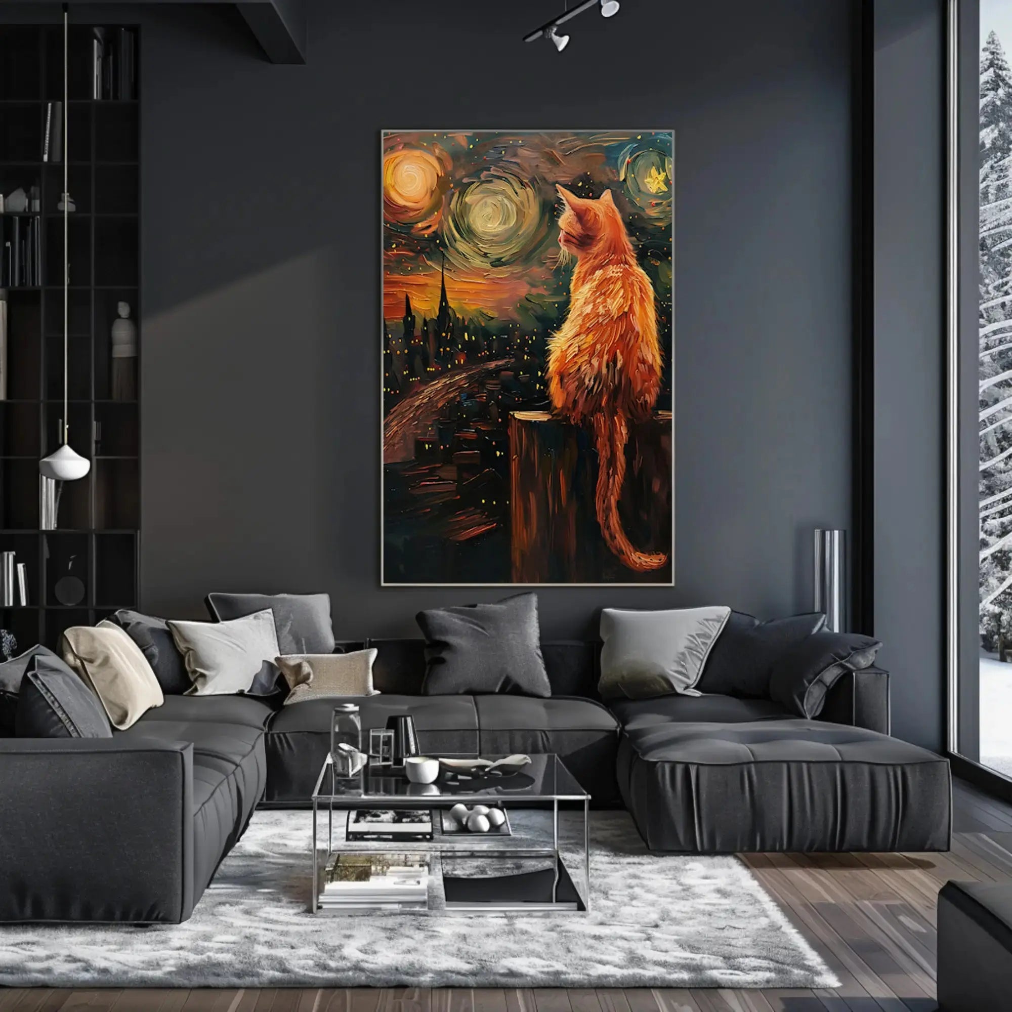 Cat Gazing Over Cityscape Artistic Animal Poster PosterGoat