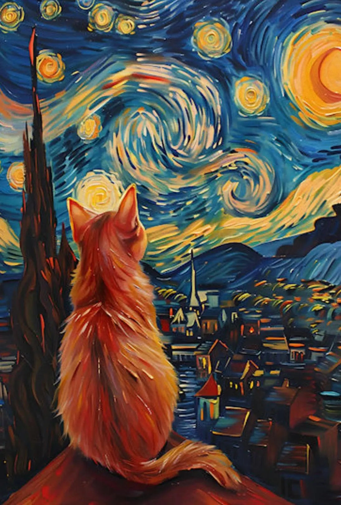 Cat and Starry Night Artistic Animal Poster PosterGoat