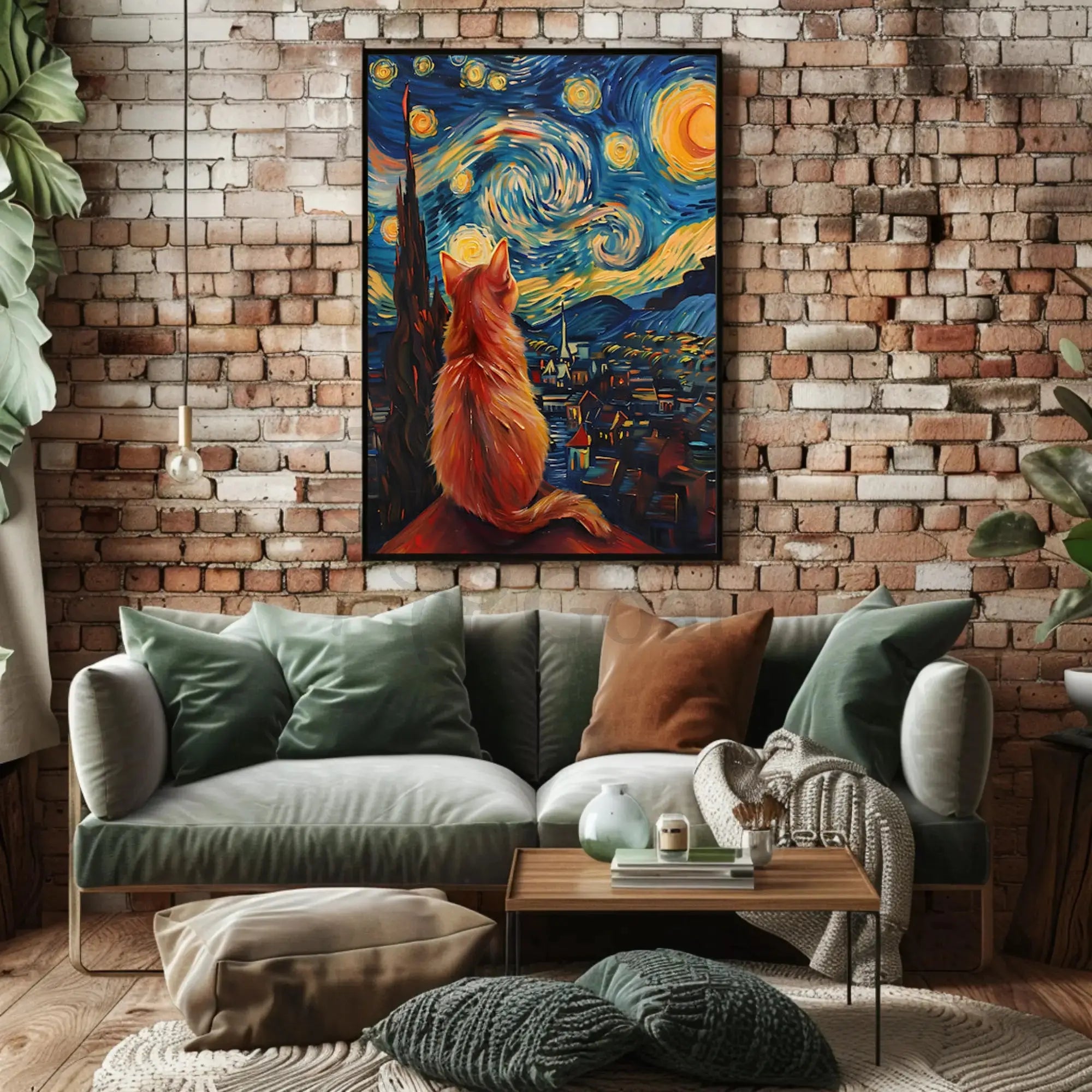 Cat and Starry Night Artistic Animal Poster PosterGoat