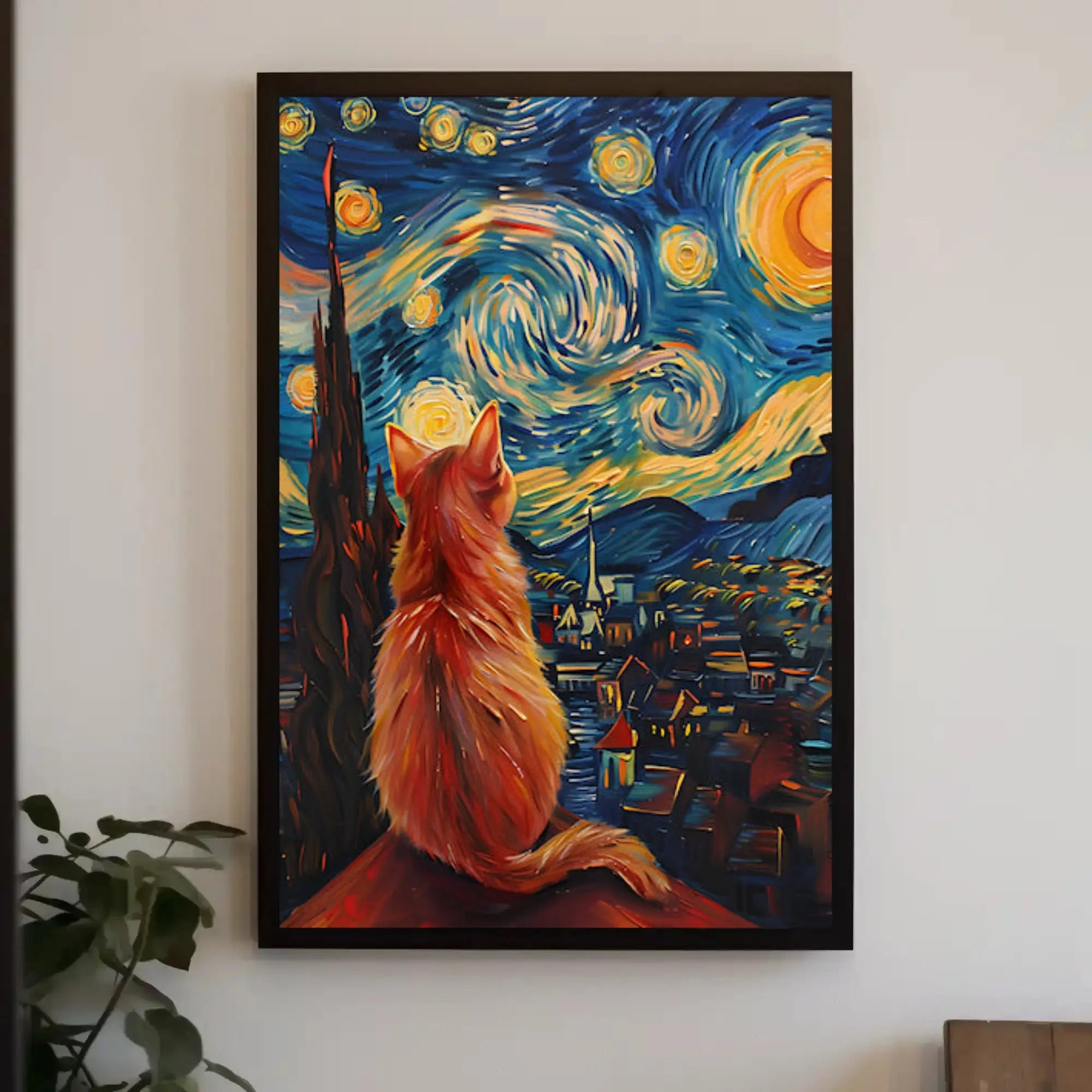 Cat and Starry Night Artistic Animal Poster PosterGoat