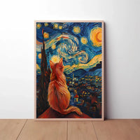 Cat and Starry Night Artistic Animal Poster PosterGoat