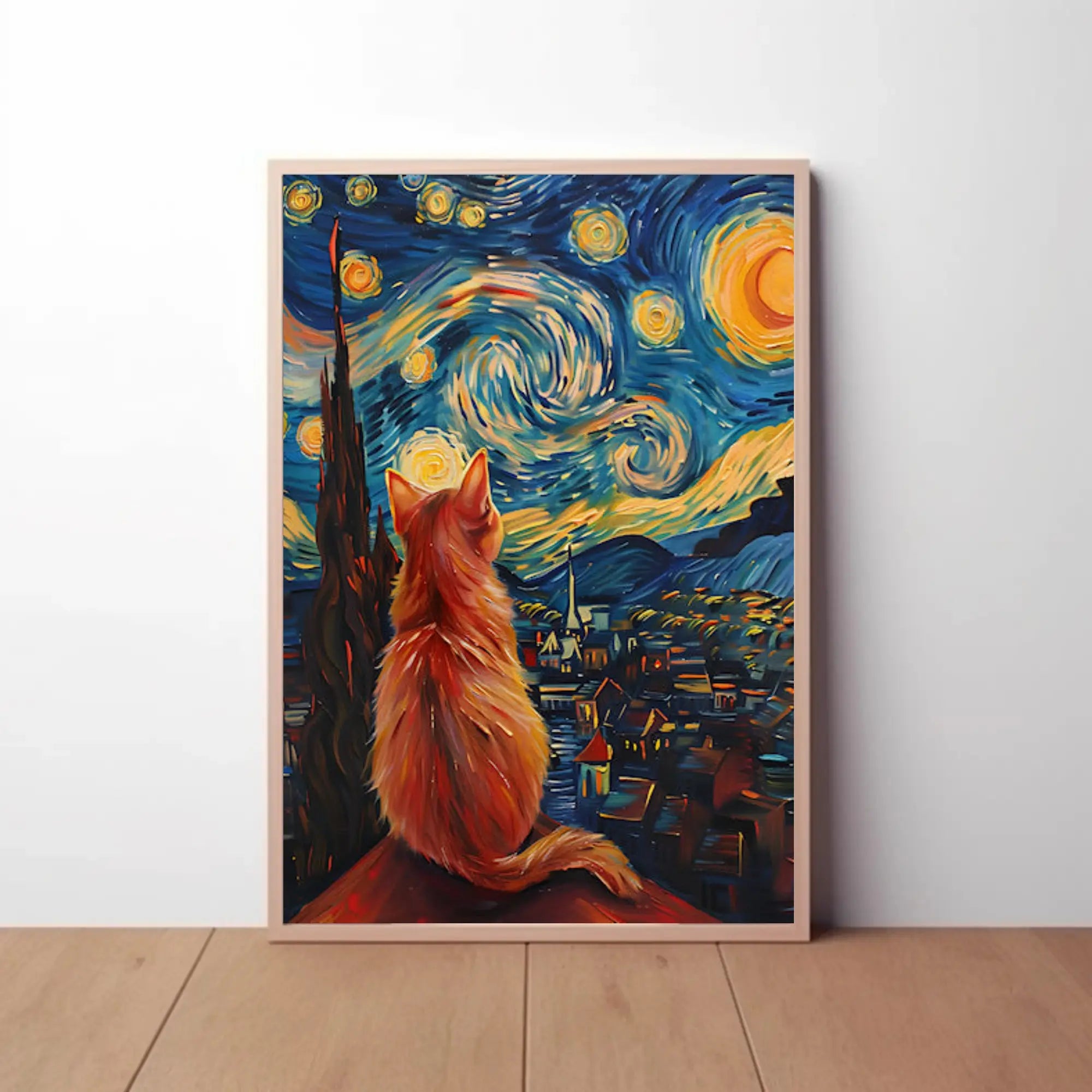 Cat and Starry Night Artistic Animal Poster PosterGoat