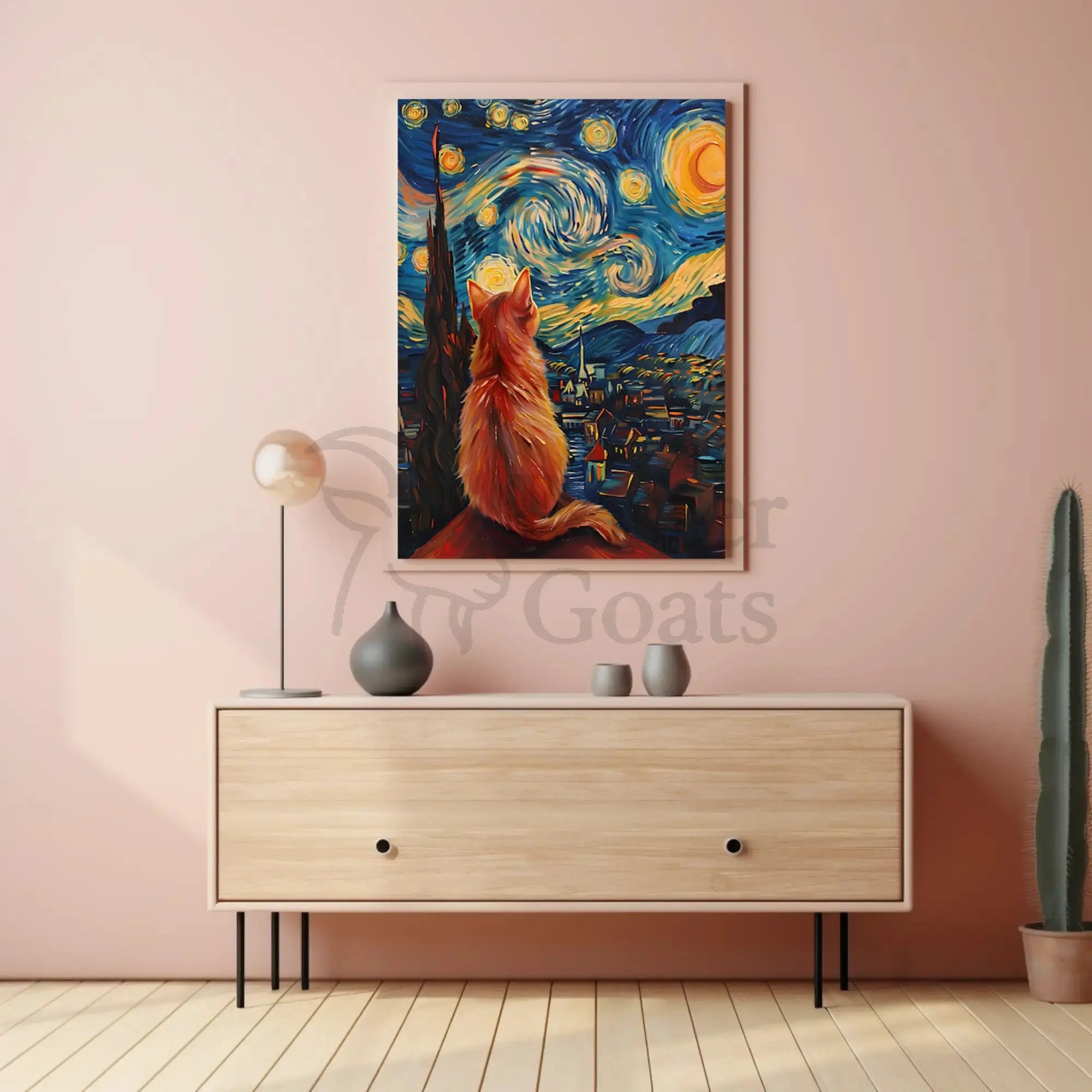 Cat and Starry Night Artistic Animal Poster PosterGoat