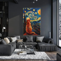 Cat and Starry Night Artistic Animal Poster PosterGoat