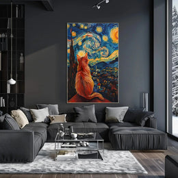 Cat and Starry Night Artistic Animal Poster PosterGoat
