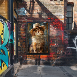 Cat in Straw Hat Countryside Scene Animal Poster PosterGoat