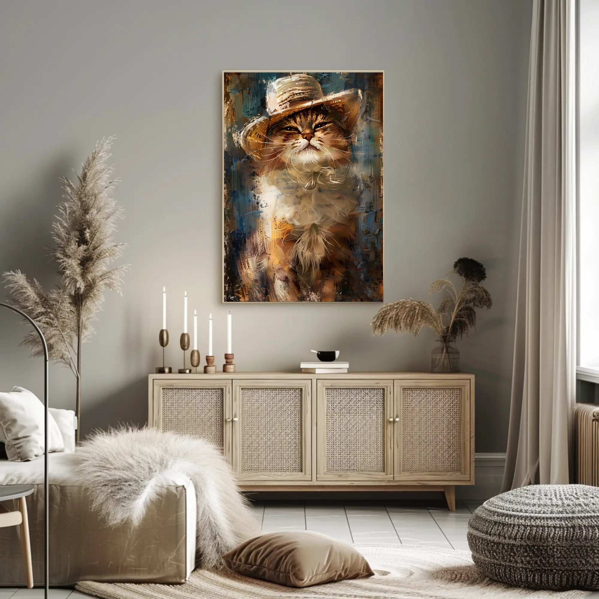 Cat in Straw Hat Countryside Scene Animal Poster PosterGoat