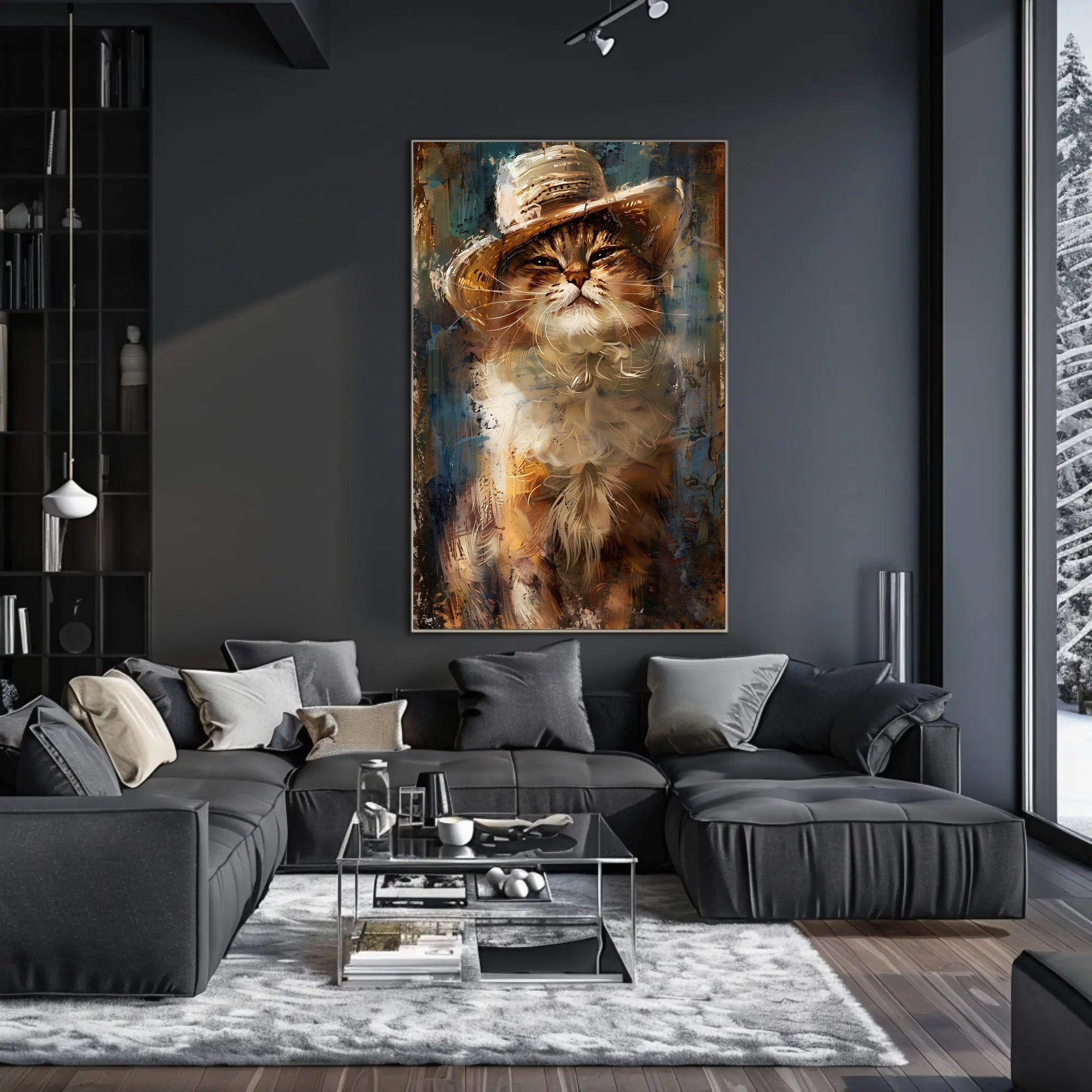 Cat in Straw Hat Countryside Scene Animal Poster PosterGoat