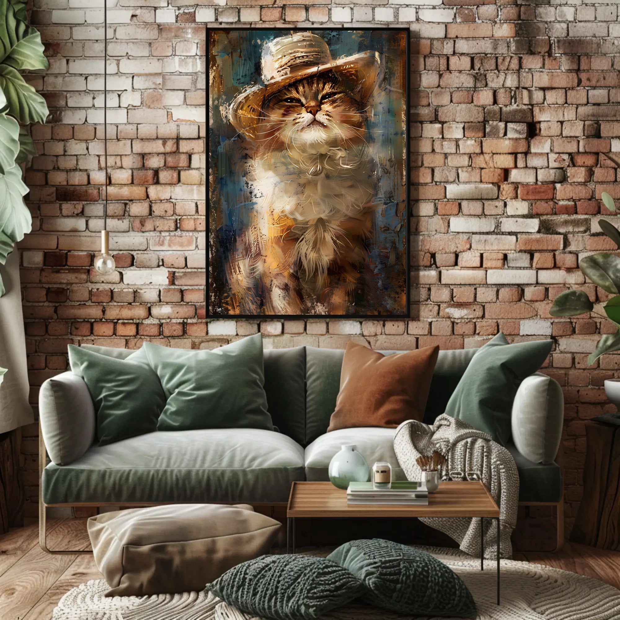 Cat in Straw Hat Countryside Scene Animal Poster PosterGoat