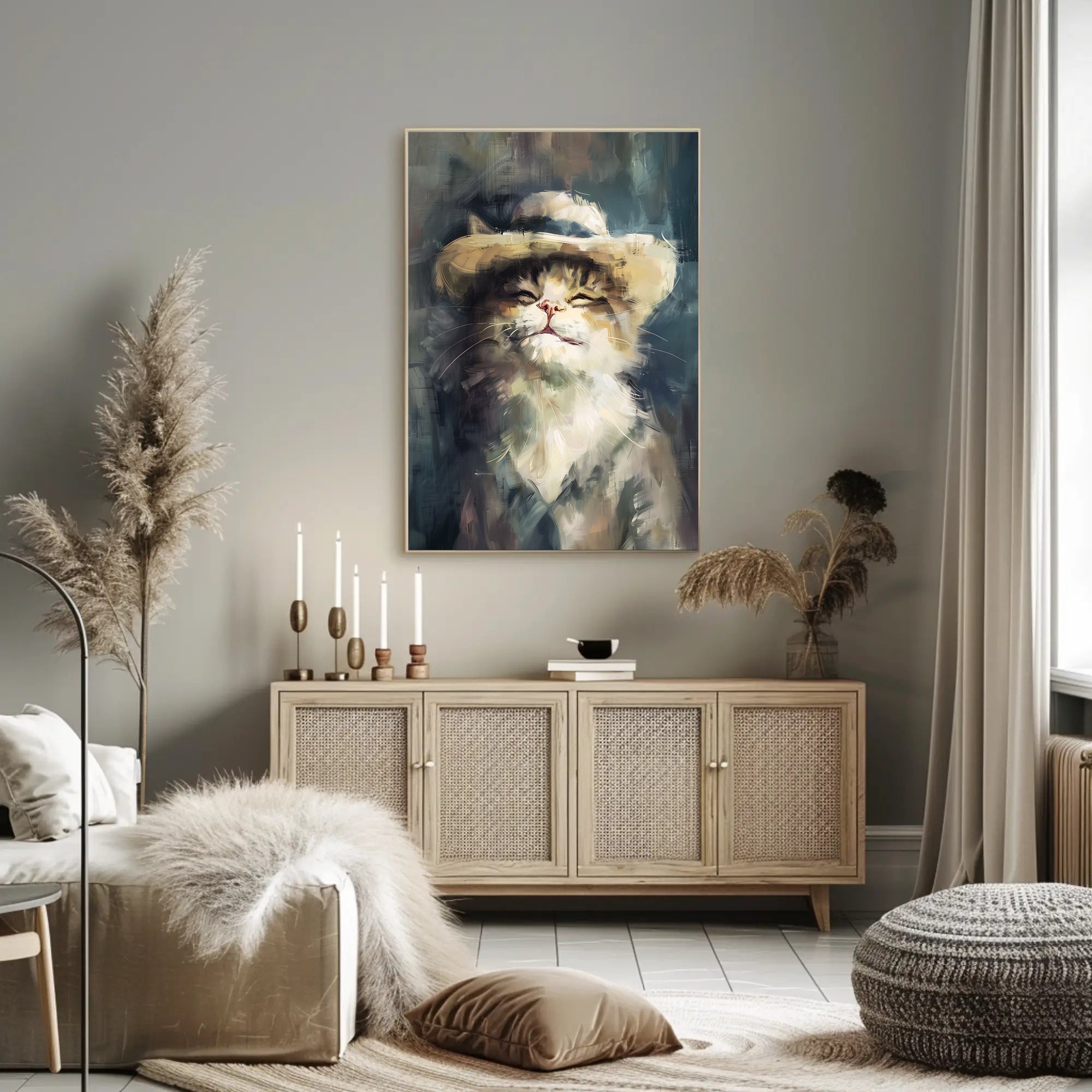 Cat in Straw Hat: Charming Animal Poster PosterGoat