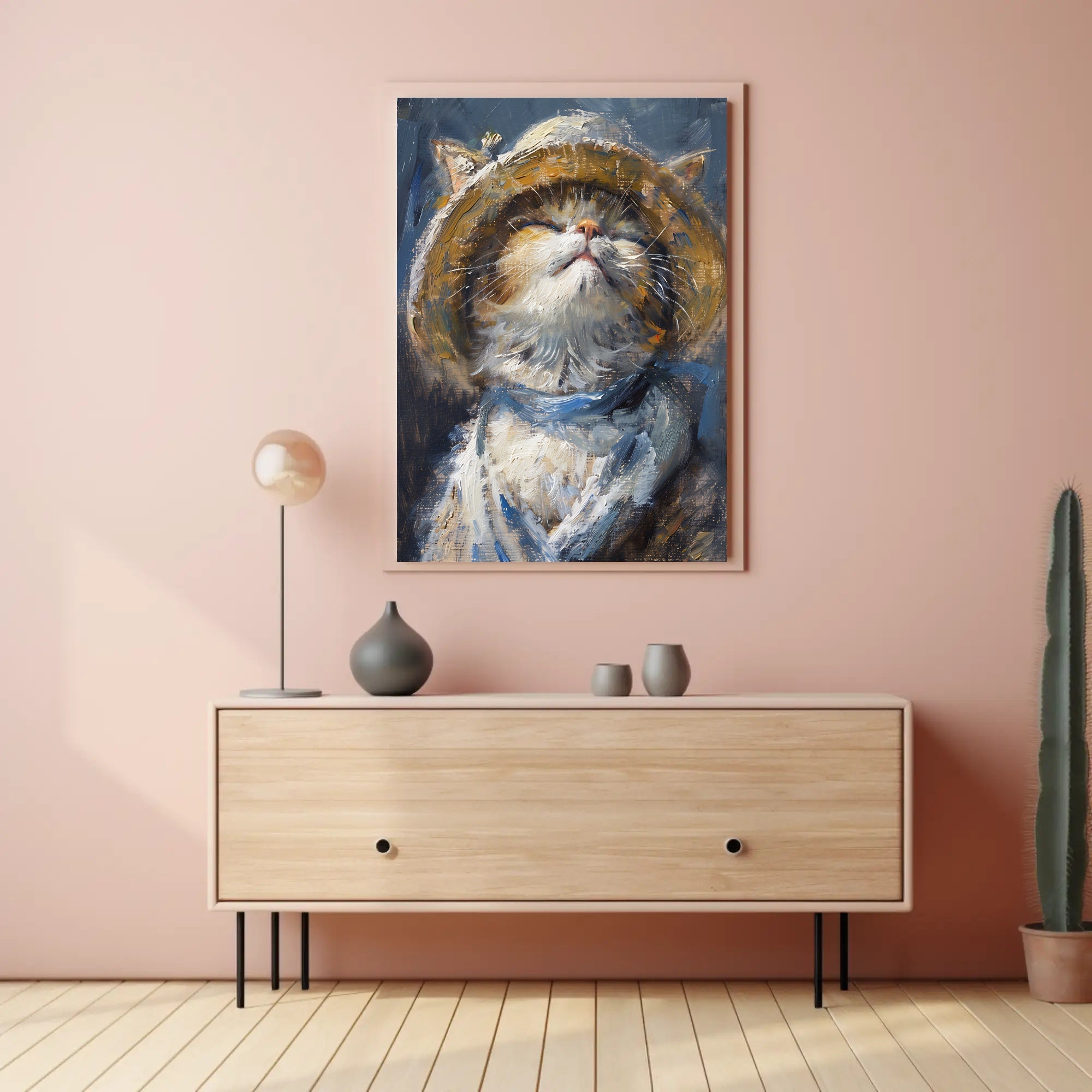 Cat in Straw Hat: Impressionistic Animal Poster PosterGoat