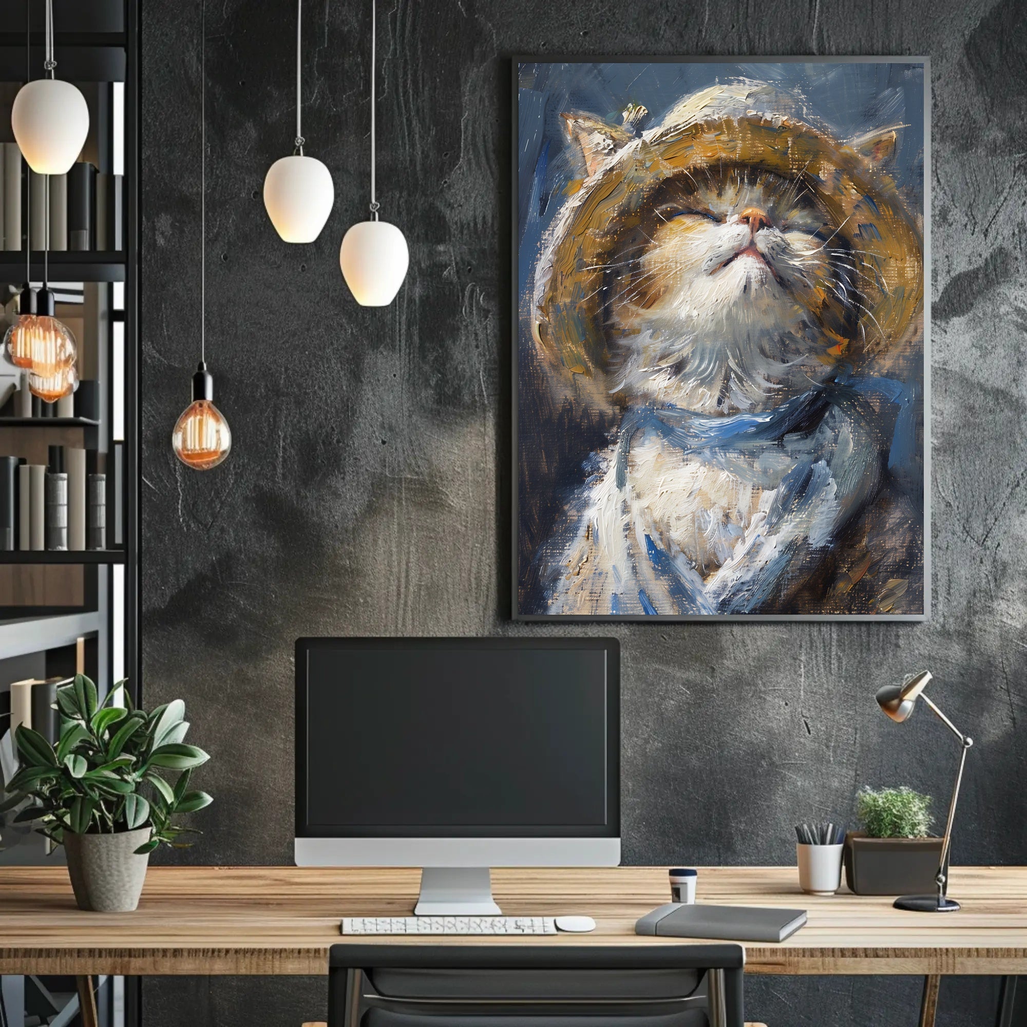 Cat in Straw Hat: Impressionistic Animal Poster PosterGoat