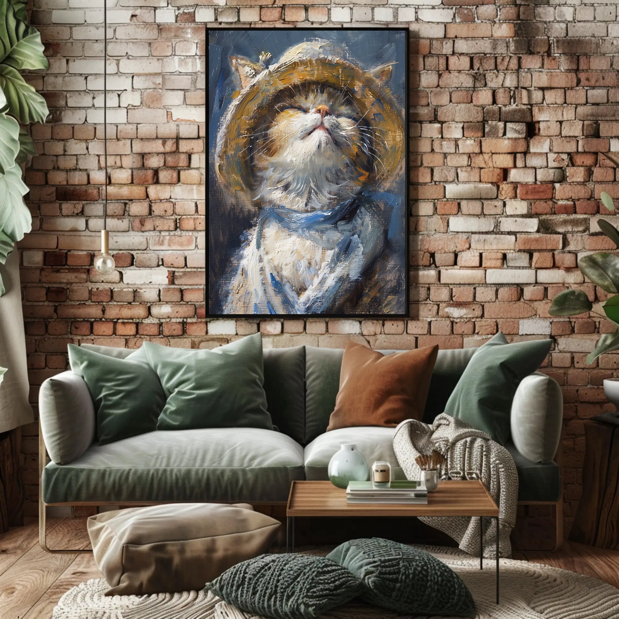 Cat in Straw Hat: Impressionistic Animal Poster PosterGoat