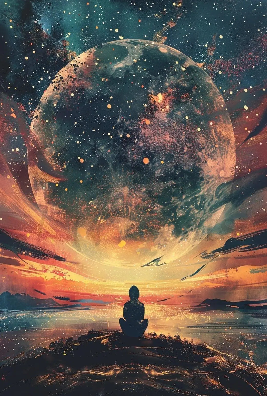 Celestial Meditation Scene Surreal Artistic Poster PosterGoat