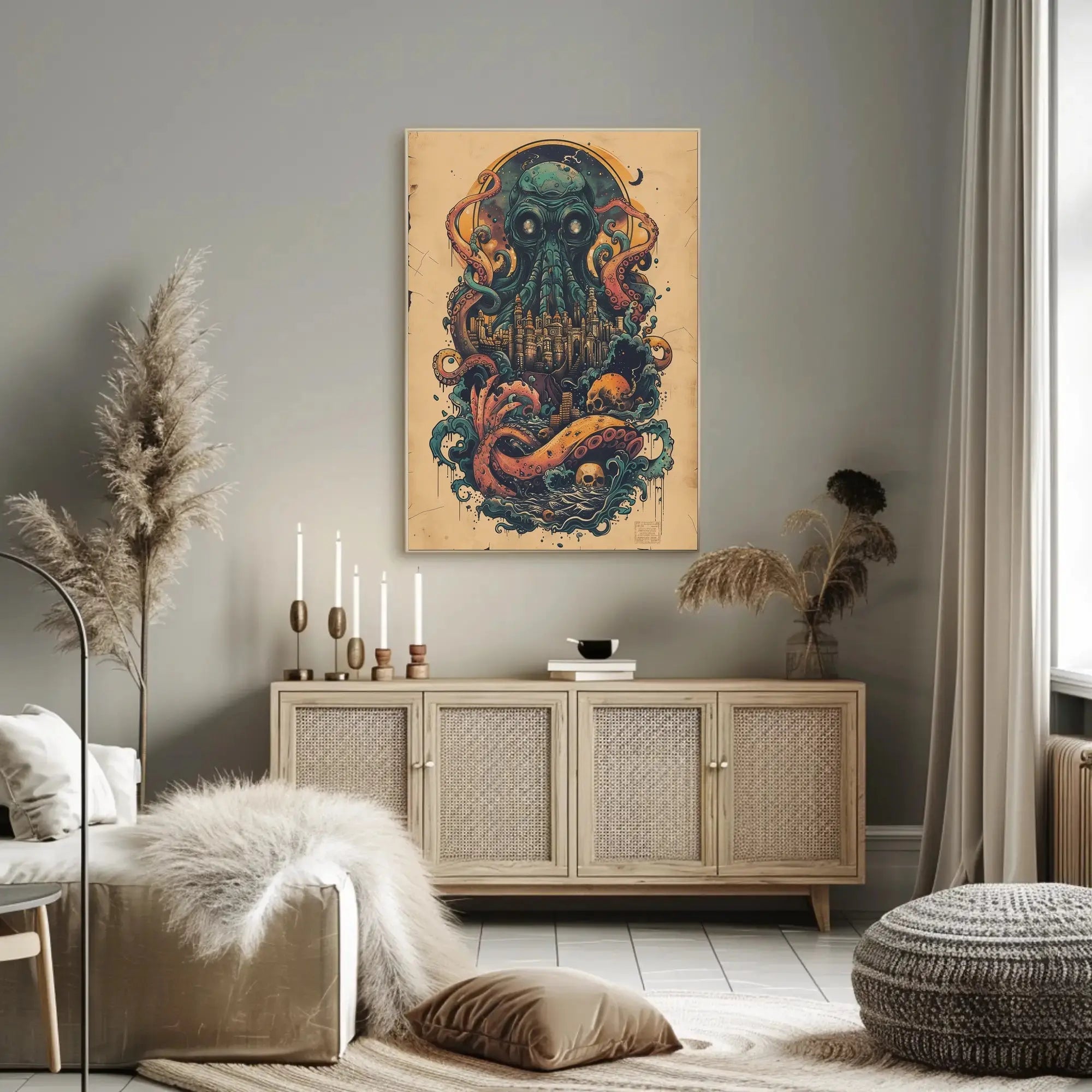 Cephalopod Creature Intrudes Fantastical City Artistic Poster PosterGoat