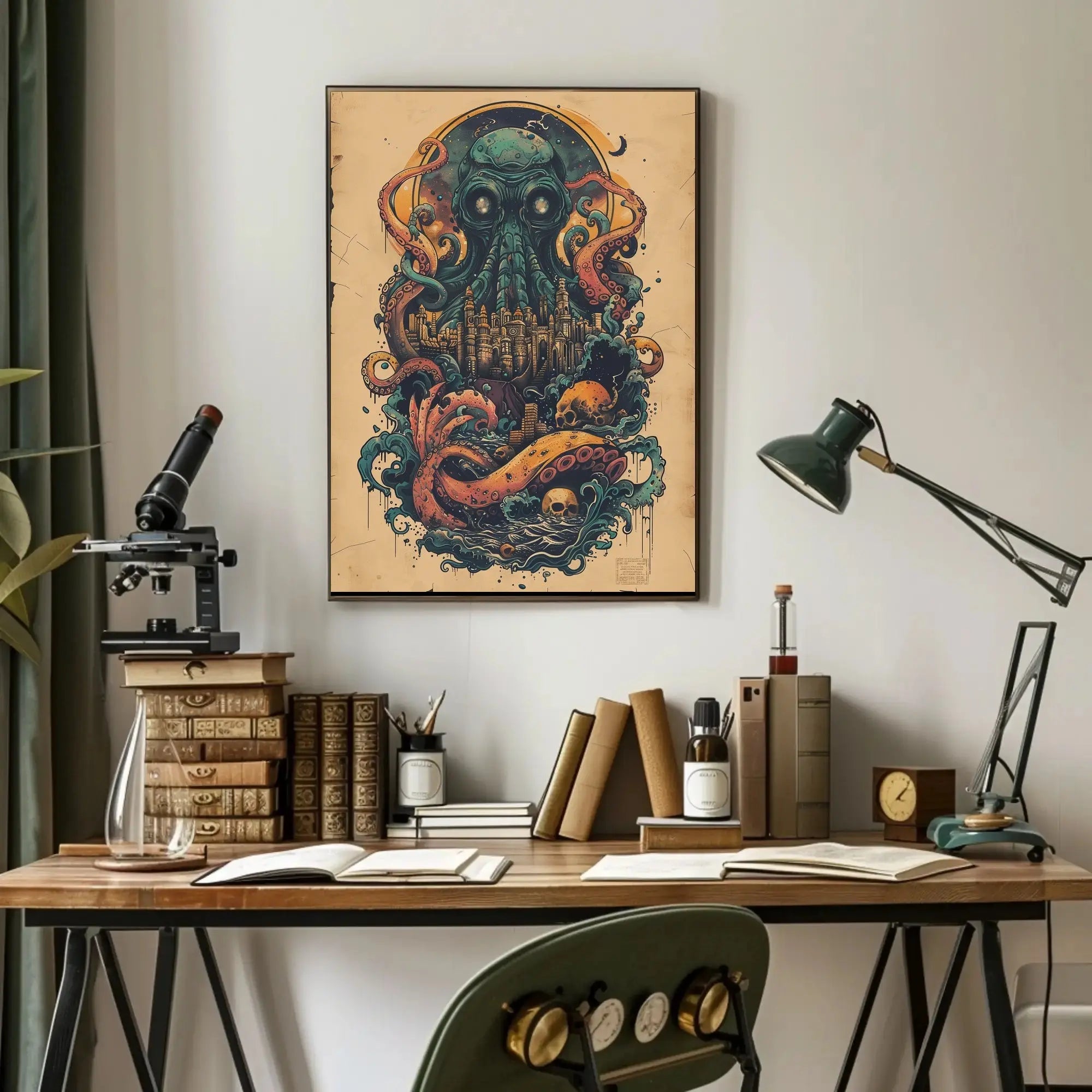 Cephalopod Creature Intrudes Fantastical City Artistic Poster PosterGoat