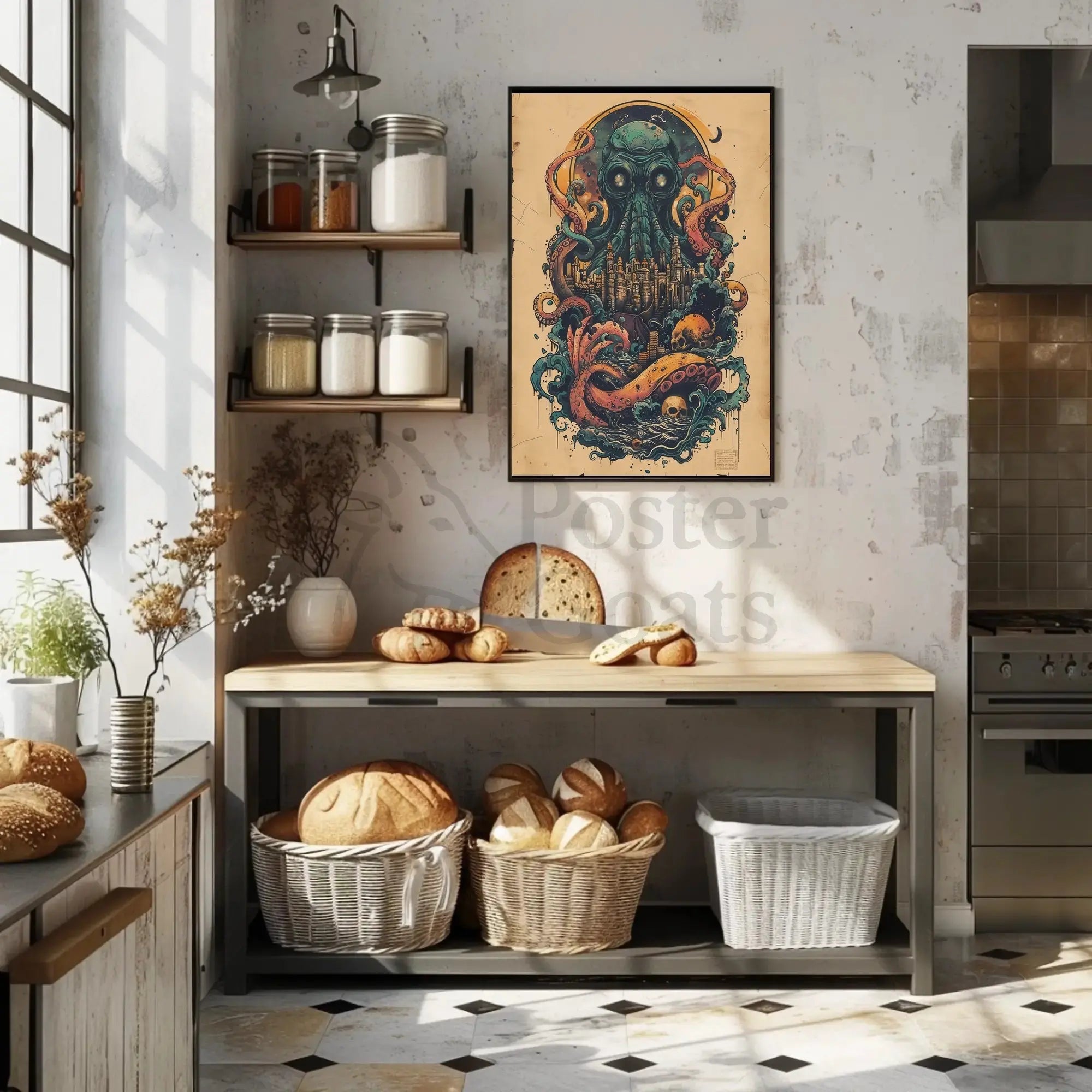 Cephalopod Creature Intrudes Fantastical City Artistic Poster PosterGoat