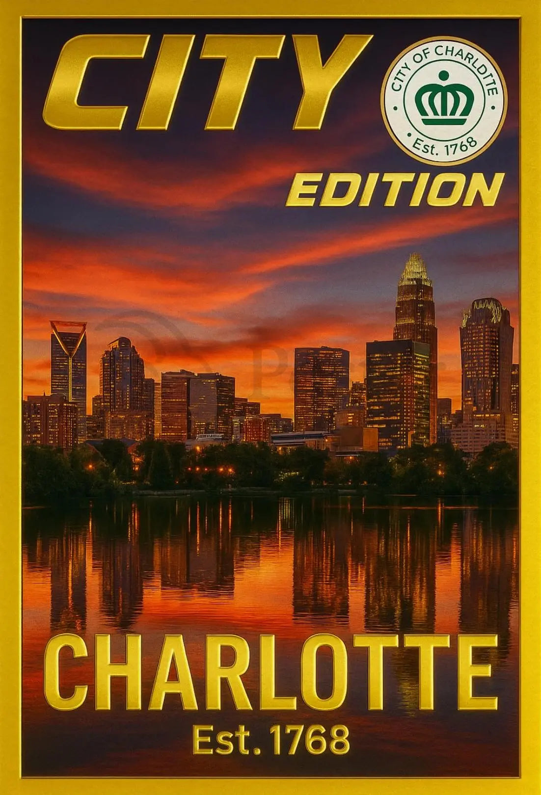 Charlotte Cityscape with Sunset Glow Heritage Poster PosterGoat