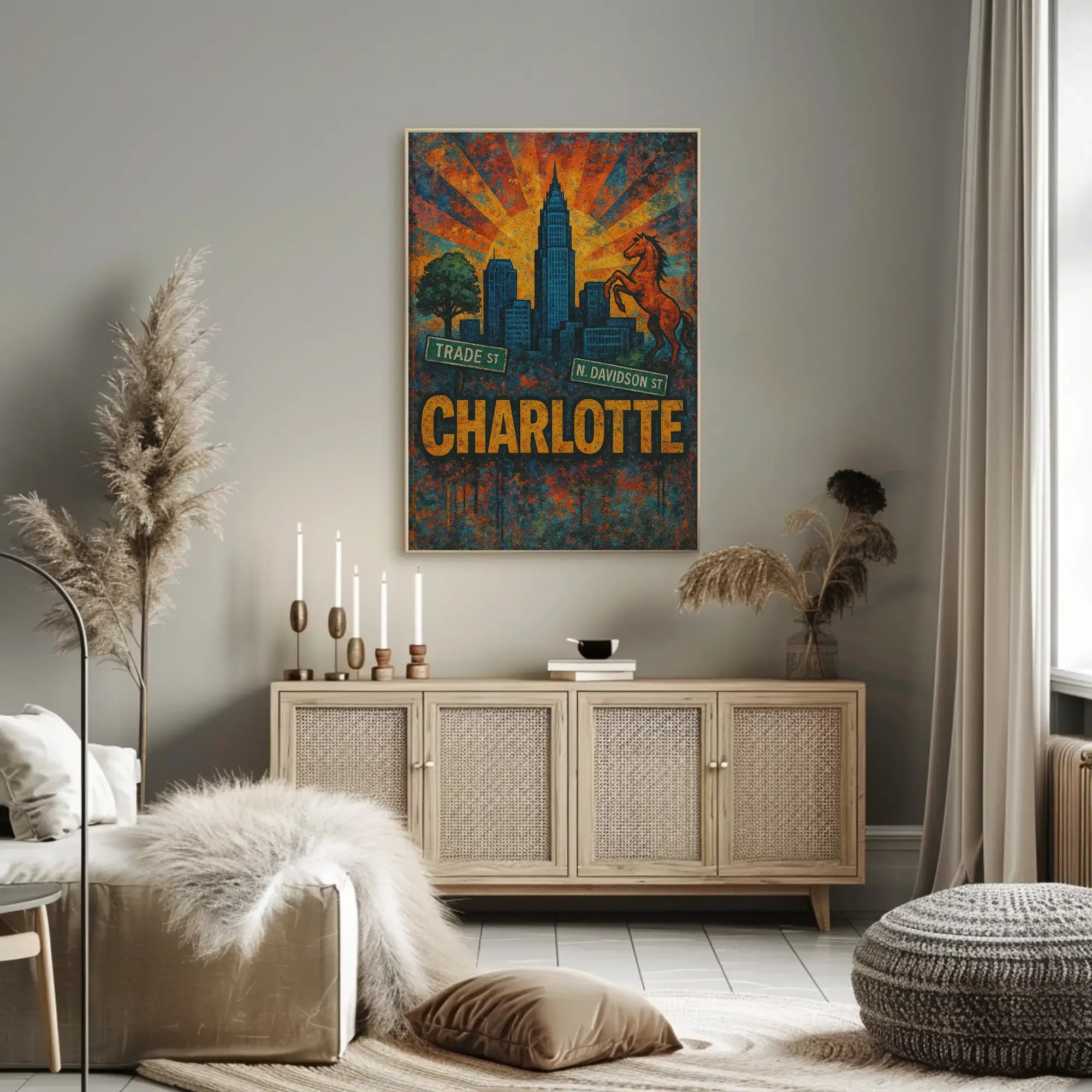 Charlotte Skyline and Heritage Vintage Travel Poster PosterGoat