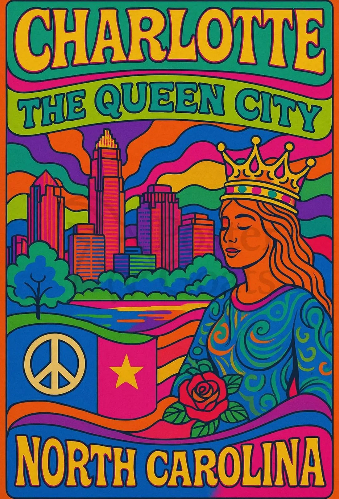 Charlotte's Vibrant Retro Queen City Art Poster PosterGoat