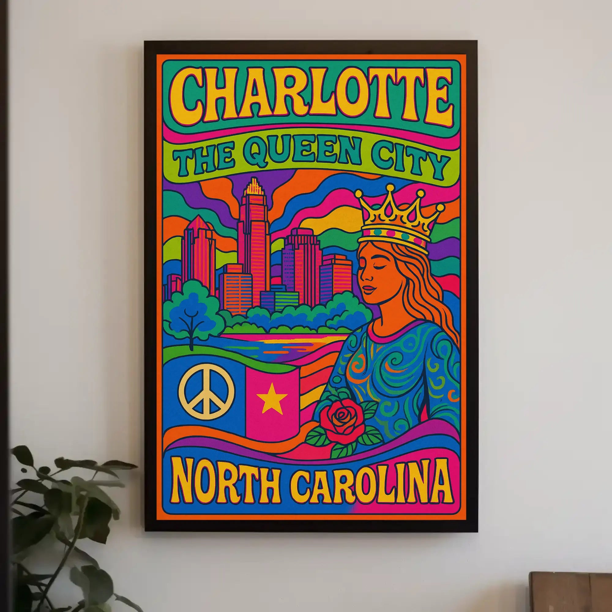 Charlotte's Vibrant Retro Queen City Art Poster PosterGoat