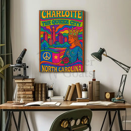 Charlotte's Vibrant Retro Queen City Art Poster PosterGoat