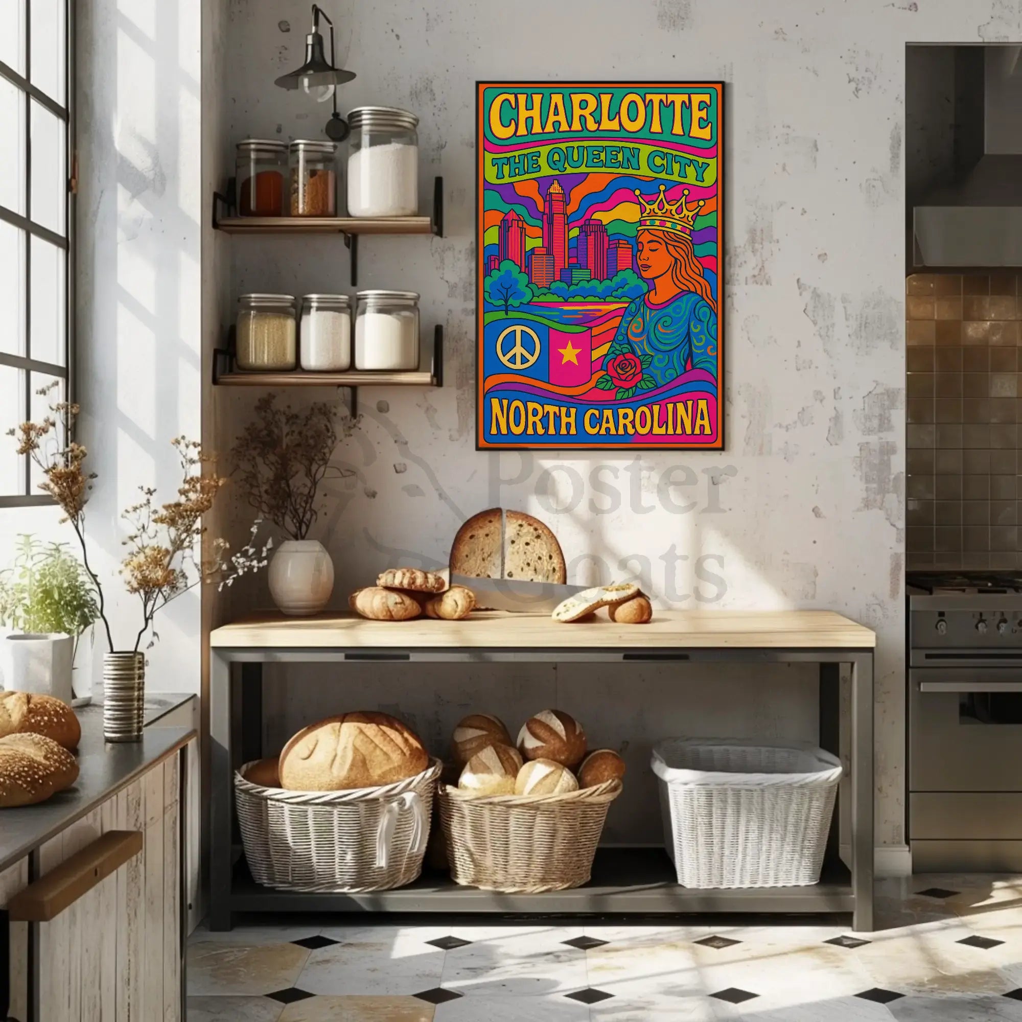 Charlotte's Vibrant Retro Queen City Art Poster PosterGoat